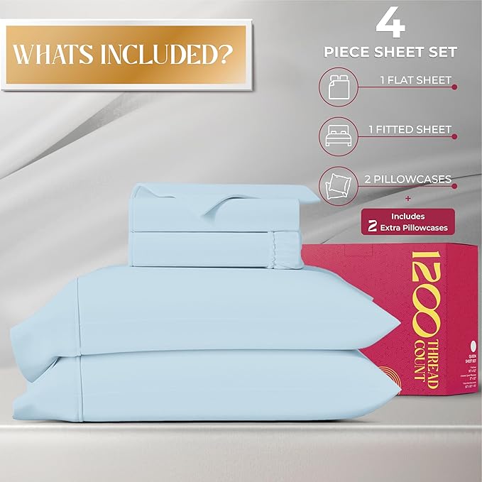Mayfair Linen 100% Egyptian Cotton Queen Sheet set - Luxury 1200 High Thread Count Egyptian Cotton Sheets Queen Size (4 PC, Light Blue), Silky Soft, Cooling, 17" Deep Pocket Sateen Weave Hotel Bedding