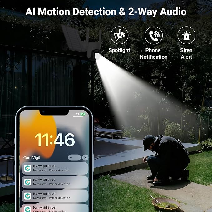HUEVUE 4G LTE Cellular Security Camera Wireless Outdoor, 2K No WiFi Security Cellular Camera Solar Powered with Color Night Vision, PIR Motion Sensor AI Tracking for Farm/RV Update