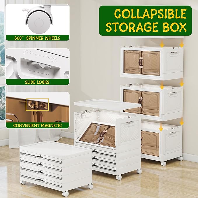 Storage Bins with 2 Lids and Wheels, 270QT-45QT*6Tier Collapsible Bathroom Storage Cabinet with Clear Doors, Plastic Stackable Closet Organizers and Containers White
