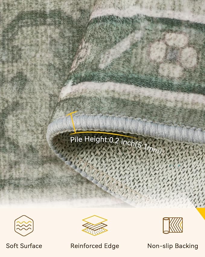 Area Rugs 3'x8' Washable Non-Slip, Floral Vintage Distress Print Pattern Medallion Carpet for Living Room Bedroom Dining Room, Dark Green Gray