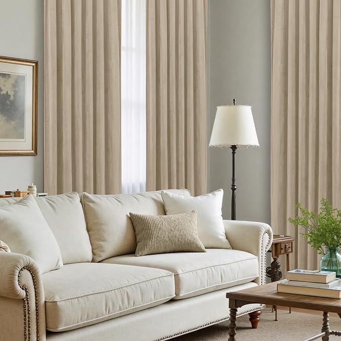LAMIT Taupe 90 Inch Velvet Curtains for Living Room, Thick Thermal Insulated Room Darkening Drapes Super Soft Elegant Back Tab and Rod Pocket Panels for Sliding Glass Door, 2 Panels, 52 x 90 Inch