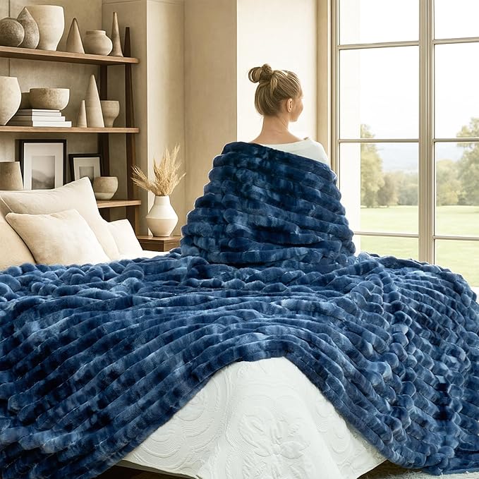 Cozy Bliss Faux Fur Throw Blanket for Couch, Cozy Warm Plush Striped Blanket for Sofa Bedroom Living Room, 108 * 90 Inches Tie-dye Blue