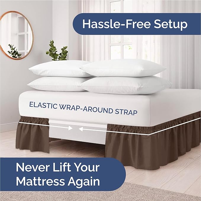 Wrap Around Dust Ruffle Bed Skirt - Brown - for Full Size Beds with 24 Inch Drop - Easy Fit Elastic Strap - Adjustable Pleated Bedskirt w/Brushed Fabric - Wrinkle Free - for Women, Men, Kids & Teens