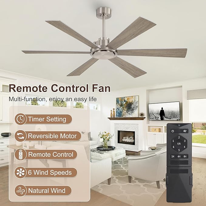 WINGBO 60 Inch Ceiling Fan without Light - 6 Plywood Blades, 6-Speed Reversible DC Motor, Noiseless Remote Control Ceiling Fan No Light for Bedroom Living Room Kitchen, Nickel and Silver/Gray