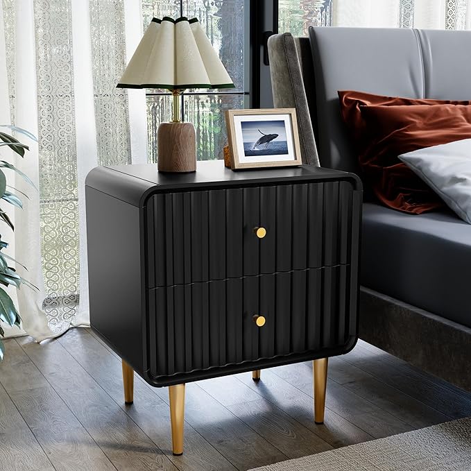 HLR Modern Nightstand, Fluted Bed Side Table with 2 Drawers Storage, Wood End Table with Gold Metal Handle, Black Night Stands for Bedroom