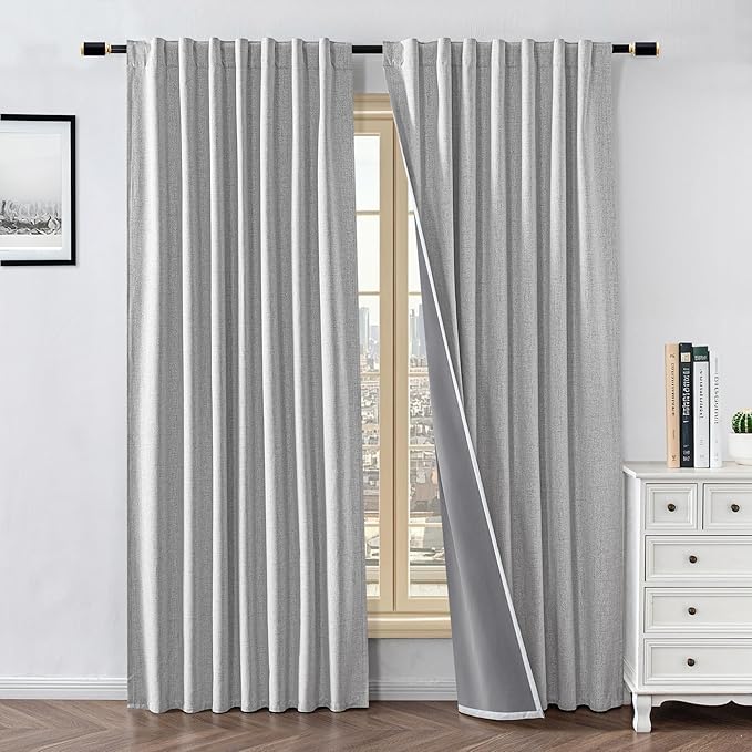 100% Blackout Curtains for Living Room, 90 Inch Curtains 2 Panel Set Light Blocking, Back Tab & Rod Pocket Thermal Insulated Drapes Bedroom Windows Home Decor(52W × 90L inch, Off-White)