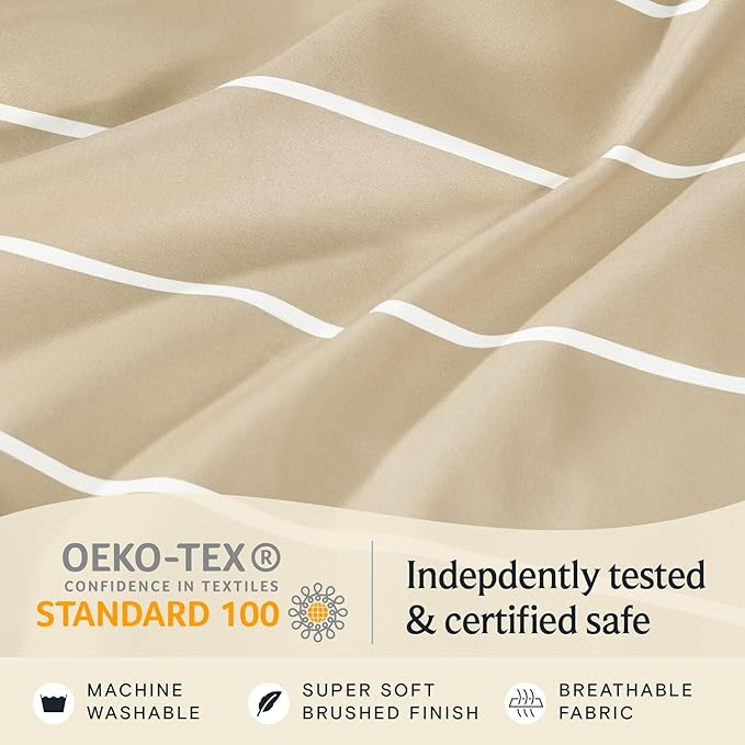 LuxClub 4 PC King Sheet Set, Deep Pockets Wrinkle Free Cooling Bed Sheets Hotel Bedding for Women, Men, Includes 1 Fitted Sheet, 1 Flat Sheet and 2 Pillowcases-Striped - Cream