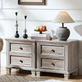Farmhouse Nightstand Set of 2 for Bedroom, Mid-Century Low Nightstands with 2 Drawers & Charging Station, Vintage Night Stands with 4 Square Solid Wood Legs, Small Dresser for Home, Grey