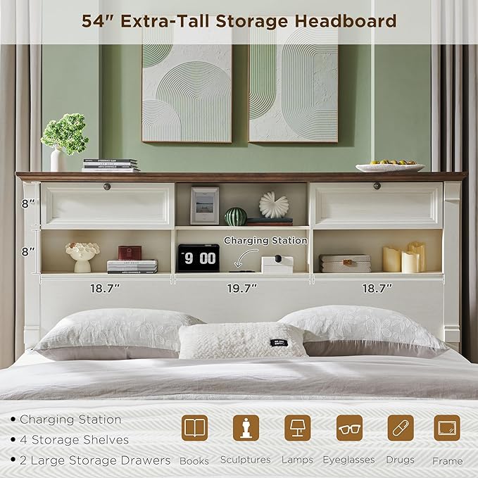 T4TREAM Farmhouse Queen Size Bed Frame with 54" Tall Headboard, Wood Platform Bed Frame with 18" Tall Roman Column Decoration Footboard & 2 Large Storage Drawers, No Box Spring Needed(Antique White)
