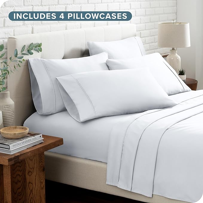 Bare Home Hotel Luxury Full XL Sheet Set, Extra Soft - 6 Piece Set - Deep Pockets - Easy Fit - Cooling & Breathable - Wrinkle, Fade, Stain Resistant - Includes 4 Pillowcases (Full XL, White)