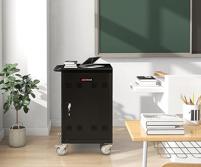 TIOPLY Laptop Charging Cart, 32 Device Tablet Storage Carts for iPad Up to 16.3" Screen Size, Mobile Charging Station for Classroom, with Cord Organizer, Front and Back Access Locking Cabinet Black