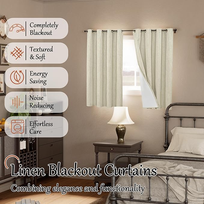Blackout Curtains 54 Inch Length 2 Panels for Bedroom, Thermal Insulated Total Light Blocking Noise Reducing Linen Window Curtains for Farmhouse, Bronze Grommet, Natural, Each 52" Wide