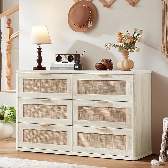 LEYAOYAO Rattan Dresser and Nightstand Sets 3 Piece, Boho Wood Dresser for Bedroom with 6 Drawers and Night Stand with Charging Station, Bedroom Furniture, Dressers & Chests of Drawers, Living Room
