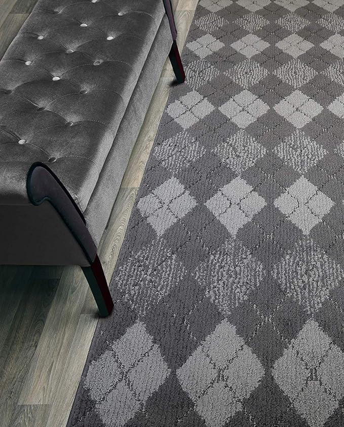 Custom Length Hallway Runner Rug,Slip Resistant,Squares Anthracite, 26 Inch X 14 feet, Sold and Priced Per Foot