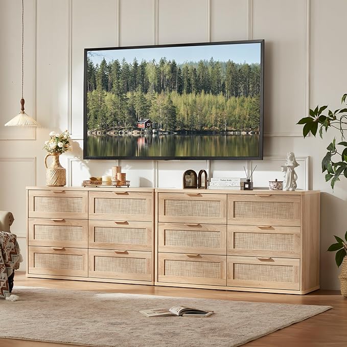 LEYAOYAO Rattan Dresser and Nightstand Set of 3, Boho Wood Dresser for Bedroom with 6 Drawers and Night Stand with Charging Station, Bedroom Furniture, Dressers & Chests of Drawers,Hallway,Living Room