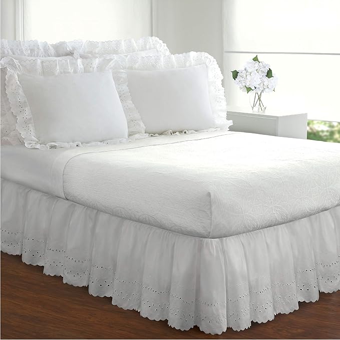 Fresh Ideas Eyelet Bed Skirt, Ruffled Design, 18 Inch Drop, Embroidered Scalloped Edge, Full, White