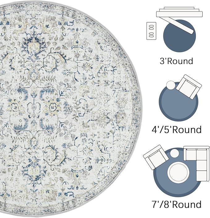 jinchan Kalen Round Rug 5ft Area Rug Washable Vintage Indoor Retro Accent Entryway Floor Cover Distressed Floral 5' Round Circle Boho Non Slip Thin Carpet for Bedroom Living Room Dining Room Blue
