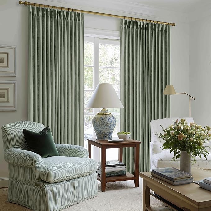 Sage Green Linen Curtains Pinch Pleated 84 Inches Long for Living Room Bedroom Pleat with Rings Back Tab Semi Sheer Curtains 84 Inch Length 2 Panels Set Light Filtering Farmhouse Drapes Light Green