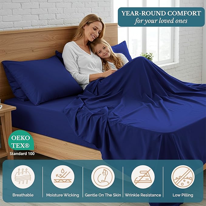 Casa Platino King Size Sheet Set – 4 Piece Bedding Set, Pre-Washed Ultra Soft Brushed Microfiber, Cozy Fit, Deep Pocket 15” Sheet, Fade Resistant, Lightweight, Breathable Fabric - Navy Blue