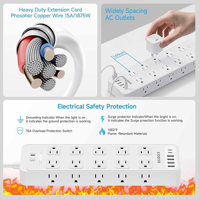 Solidock Power Strip Surge Protector Flat Plug with 20 AC Outlets 6 USB Chagring Ports, 1875W/15A, 2700J, 10 Ft Heavy Duty Extension Cord for Home, Office, Dorm, Gaming,ETL Listed (White, 10FT)