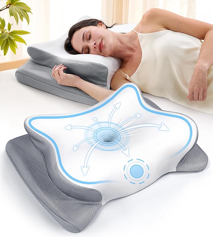 Cervical Neck Pillow for Pain Relief, Cooling Memory Foam Pillow for Side, Back & Stomach Sleepers, Odorless Bed Pillow for Deep Sleep, Ergonomic Orthopedic Contour Neck Support Grey