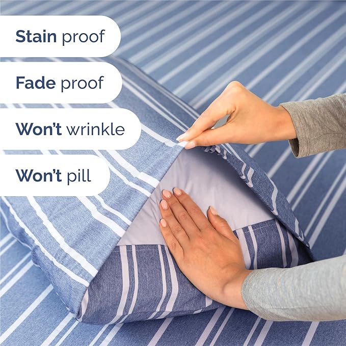 Split King 7 Piece Sheet Set - Cooling & Breathable - Hotel Luxury Bedding Includes Fitted Sheets for Women, Men, Kids & Teens - 1 Flat, 2 Fitted Sheets, 4 Pillowcases w/Deep Pockets - Blue Stripes
