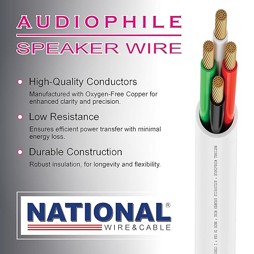 NATIONAL Wire&Cable - 14/4 Audiophile Speaker Wire (100 Feet) 14AWG Gauge - Made in USA - in Wall Audio Speaker Wire Cable/CL Rated/ETL Listed / 2 Conductors - OFC Oxygen-Free Copper, White 100ft