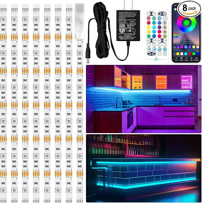 LAFULIT 8 PCS RGB Under Cabinet Lights Kit, App and Remote Control Led Strip Lights, Music Sync Color Changing Led Lights, Plug in Light for Cabinet, Counter, Shelf, Bookcase, 13ft