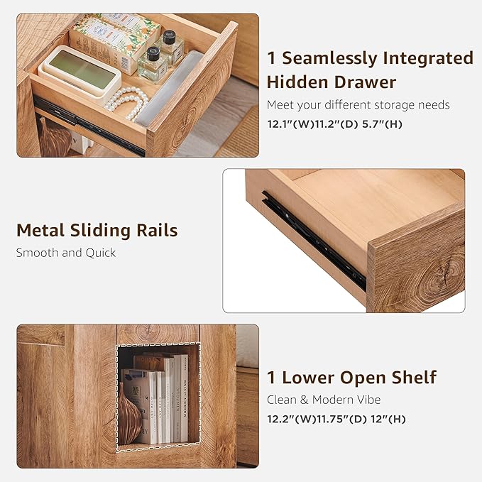 OKD 24'' Modern Nightstands Set of 2, Large Wooden End Table with Charging Station & Drawer & Storage Shelf, Rustic Square Bedside Table for Bedroom, Living Room, Wood Thick Design,Light Tree Knot