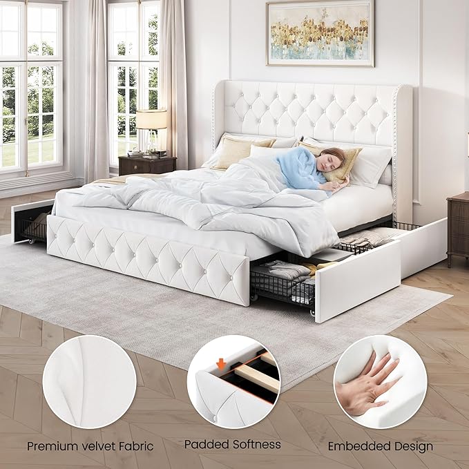 LARMACE King Size Bed Frame with 4 Storage Drawers and Wingback Headboard Velvet Upholstered Platform Bed Frame Tufted Beds with Wooden Slats Support, Easy Assembly, White