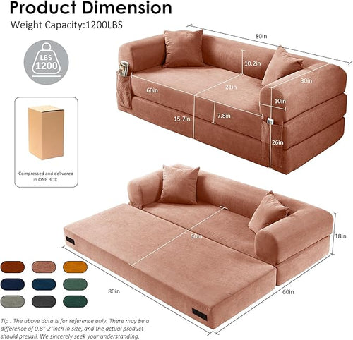 80" Convertible Sofa Bed, 3-in-1 Corduroy Folding Pull Out Couch with Pillows, No Assembly Modern Boneless Couch Compression Sofa in Box, Floor Sofa with Side Storage Pocket for Living Room,Pink