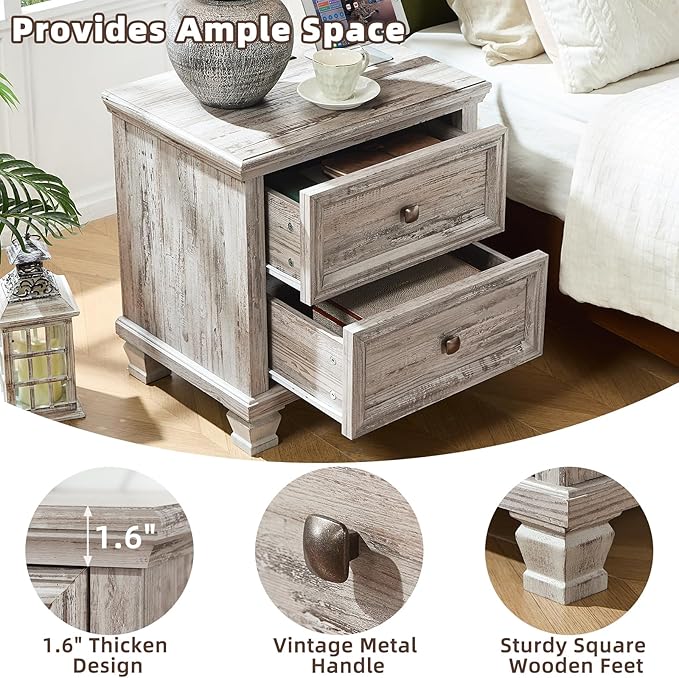 Farmhouse Nightstand with Charging Station, Rustic Low Night Stand with 2 Drawers, Mid-Century Modern End Table with 4 Square Solid Wood Legs, Small Vintage Dresser for Bedroom, Home, Grey