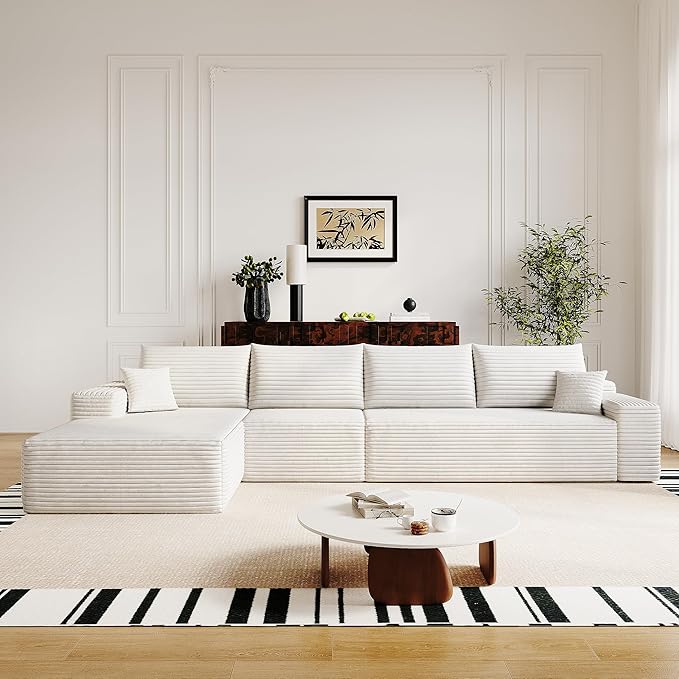 136" Sectional Couches for Living Room Modern Modular Sofa with L-Shape Couchs Upholstered Boneless Couch Deep Seat Sectional Couch with Chaise (White, Left Facing Chaise+3Seaters)