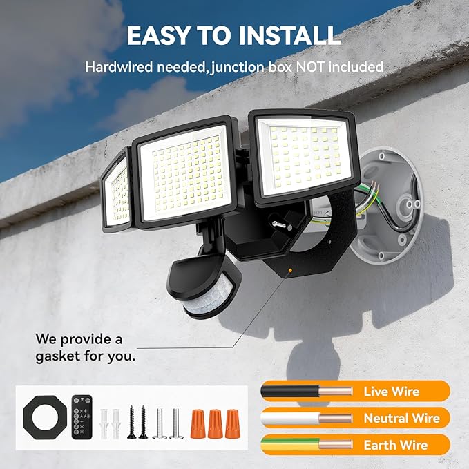 PURICH Upgraded LED Security Lights Motion Sensor Light Outdoor, 7000LM, 6500K, Waterproof, Flood Light Outdoor Motion Detector with Adjustable 3 Head, Hardwired Wall Light for Entryway, Yard, Garage