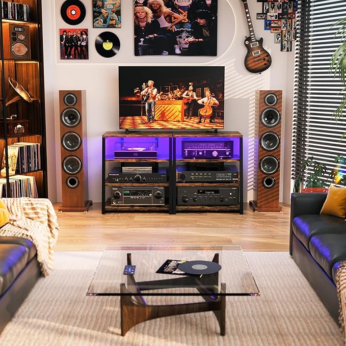 Besiost AV Media Stand with Outlets, Media Console with LED Lights, Stereo Racks and Stands with Storage Shelves, Media Audio Tower Cabinet, Rustic Brown