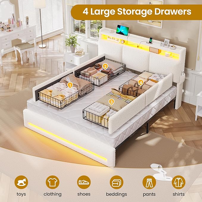 VIAGDO Full Size Bed Frame with Storage Headboard and Charging Station, Boucle Upholstered Bed Frame Full Size with 4 Drawers and LED Lights, Type C and USB, No Box Spring Needed, Cream White