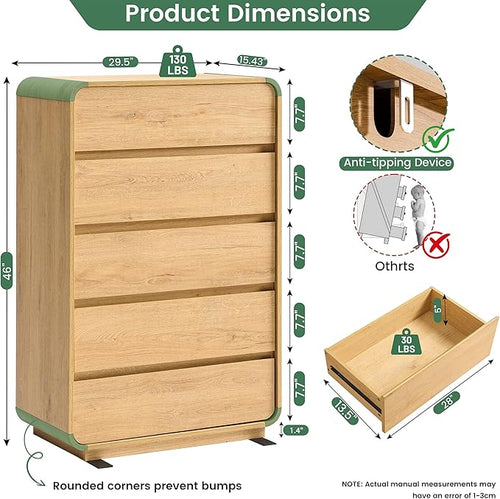 5 Drawer Dresser, Modern Dresser with Storage, Chest Drawers with Wood Grain Texture, Drawers Organizer for Bedroom, Living Room, Hallway, Natural.