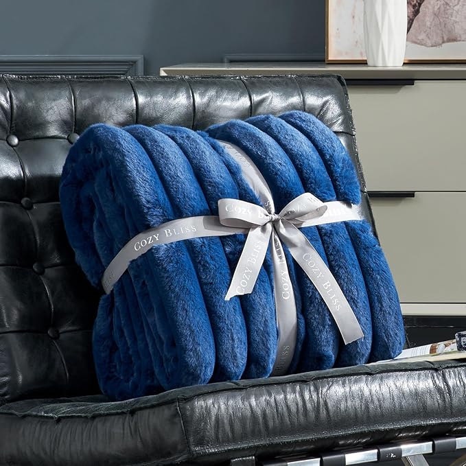 Cozy Bliss Faux Fur Throw Blanket for Couch, Cozy Warm Plush Striped Blanket for Sofa Bedroom Living Room, 60 * 80 Inches Navy Blue