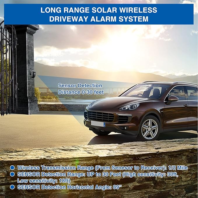 HoneTeek Solar Driveway Alarm, Wireless 600ft Range Driveway Motion Sensor Alarm Weatherproof, Weather Resistant Motion Sensor & Detector Outdoor, Home Security Alert System-1 Sensor & 1 Doorbell