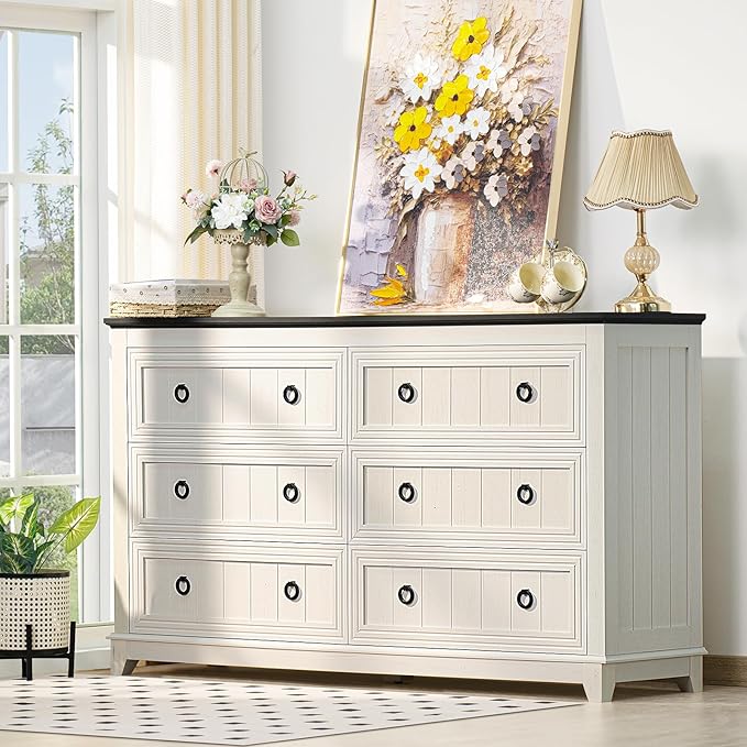 Bedroom Dresser and Nightstand Sets 4 Piece, Farmhouse 6 Drawers Dresser & 40.5" Tall Chest of Drawers,18" Nightstands with Charging Station,54" Wide Furniture Dressers for Bedroom,Living Room