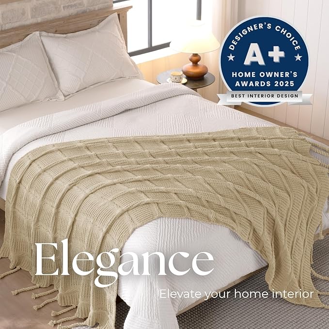 Boho Knitted Chenille Blanket with Tassels - Lightweight & Soft All-Season Throw - 3D Classic Pattern for Living Room Bedroom Couch, Sandy Beige, Twin 60"x80"