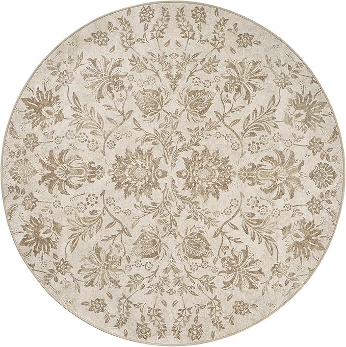 jinchan Torino Classic Floral Round Rug 7ft, Vintage-Inspired Neutral Design 7’Circle Rug, Machine Washable Ultra-Thin Low-Pile Non-Slip Indoor Carpet for Bedroom Dining Room Living Room, Taupe