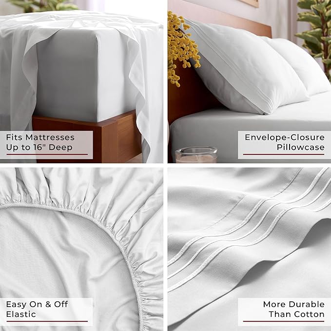Mellanni Full Sheet Set - 6-Piece Iconic Collection Bedding, (Including 4 Pillowcases), 16-Inch Deep Pocket, Easy Care, Extra Soft, Cooling Sheets, Brushed Microfiber - White