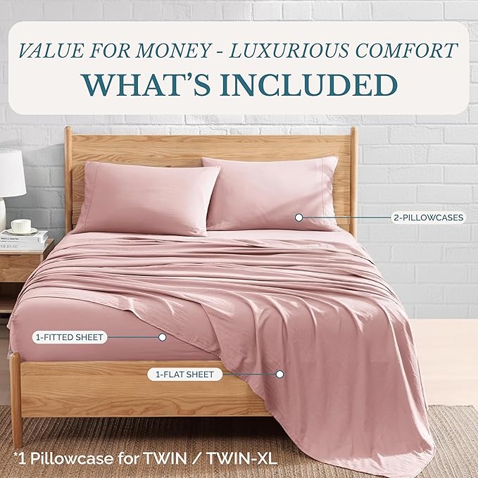 Casa Platino Twin Sheet Set, Hydro-Brushed for Softness, 3 Piece Set, Cozy & Breathable Bed Sheets, Hydro-Brushed Microfiber Sheet Sets Twin Size Bed, Cooling with Deep Pockets – Sepia Rose