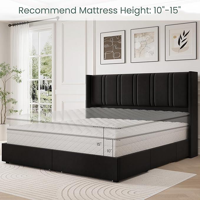 LARMACE Queen Size Bed Frame with 4 Storage Drawers and Wingback Headboard Velvet Upholstered Platform Bed Frame with Wooden Slats, Easy Assembly, Black
