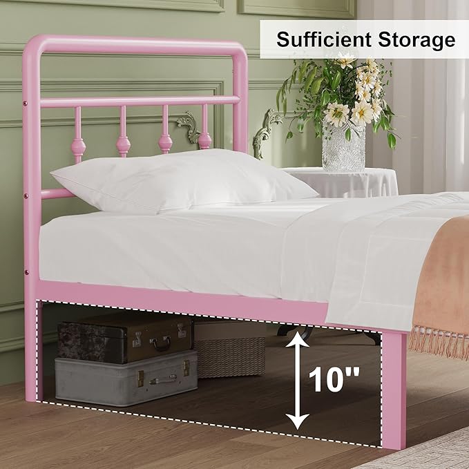 12 Inch Twin XL Bed Frames with Headboard and Footboard, Heavy Duty XL Twin Metal Mattress Foundation No Box Spring Needed, Noise Free, Easy Assembly, Pink