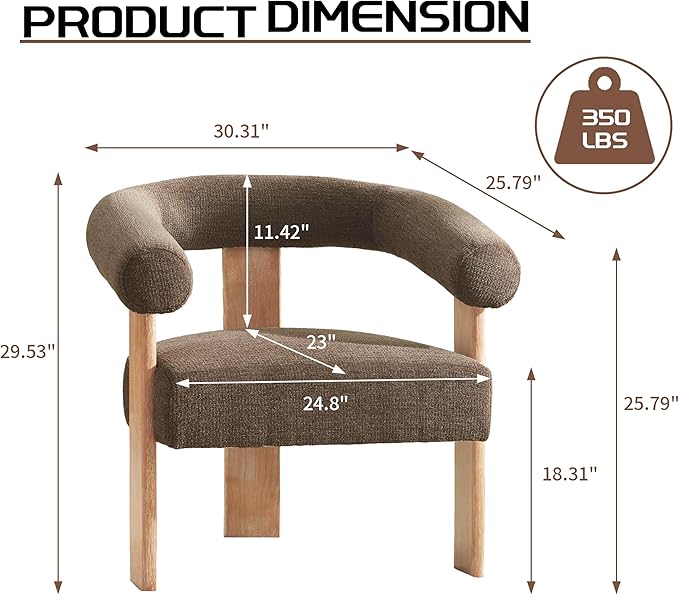 VKNOW Accent Chair Living Room Chairs Set of 2, Modern Upholstered Arm Chair with Solid Wood Legs, Comfy Barrel Accent Chairs for Living Room, Bedroom, Brown