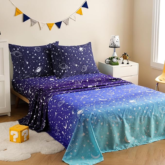JSD Gradient Blue Moon Stars Kids Sheet Set Full Size, 4 Piece Space Theme Microfiber Sheets Deep Pocket