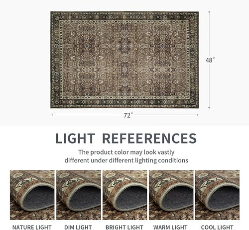 4x6 Vintage Washable Area Rug for Living Room,Low Pile Non Slip Carpet Non-Shedding Small Area Rug Soft Indoor Stain Resistant Rug Floral Print Mat for Bedroom Dining Room Brown Floral