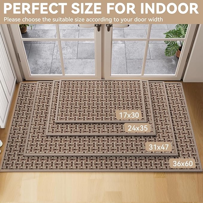 Door Mat 17x30, Door Mat Indoor Entrance Dirt Resistant and Absorbent, Non-Slip Rubber Backing Front Door Mats, Easy Clean Low-Profile Doormat for Entryway, Front Door, Inside Entrance, Brown